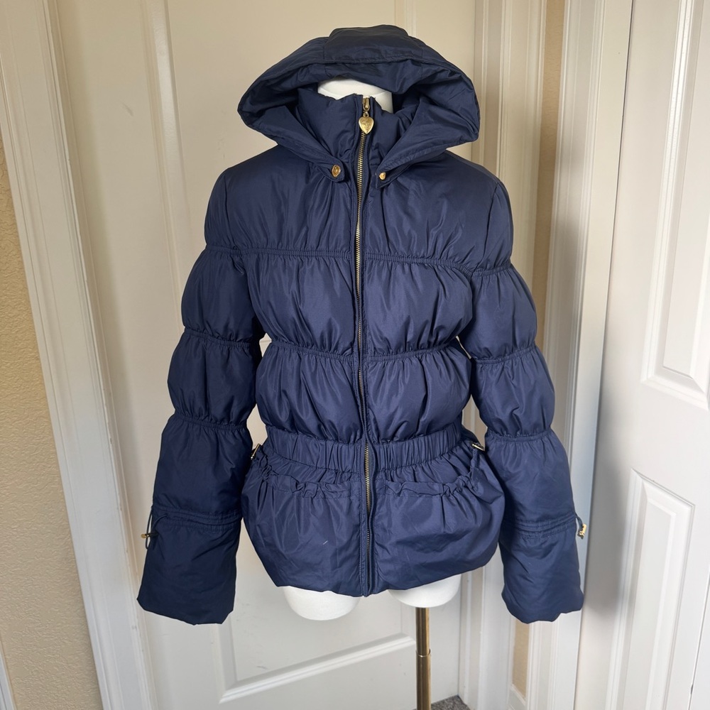 Twisted Heart Puffer Jacket Y2K Womens L Navy Hooded Gold Logo Graphic
